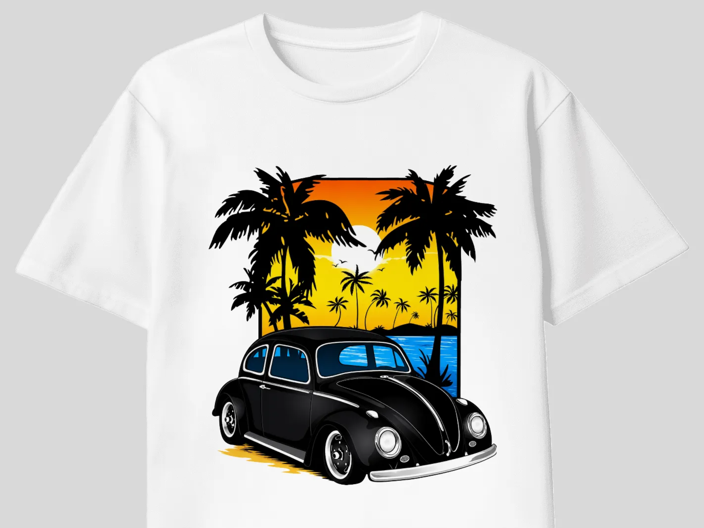 White T-Shirt Featuring Classic Beetle Car and Tropical Sunset Graphic