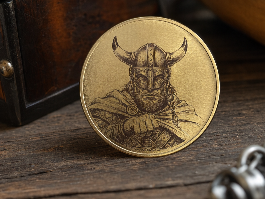 Gold Coin Featuring a Detailed Viking Warrior Portrait