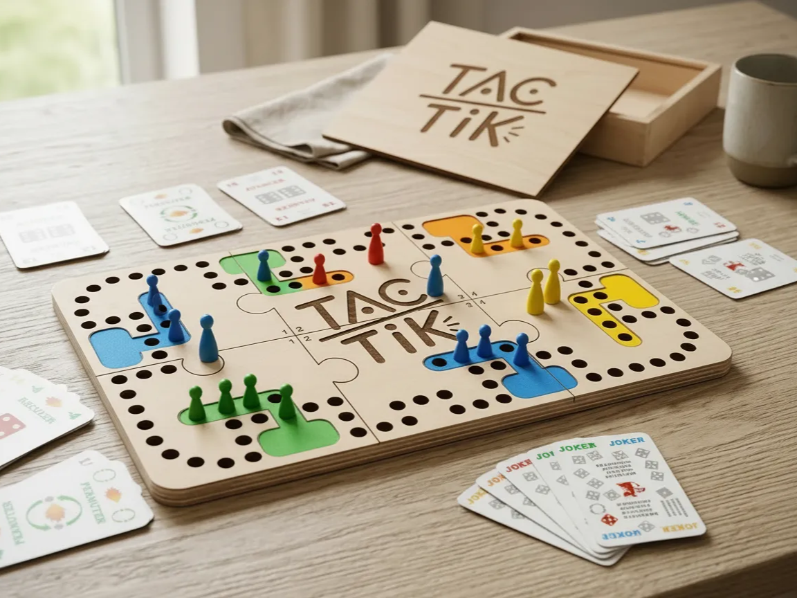 Jeu de plateau Tac Tik en bois avec pions et cartes