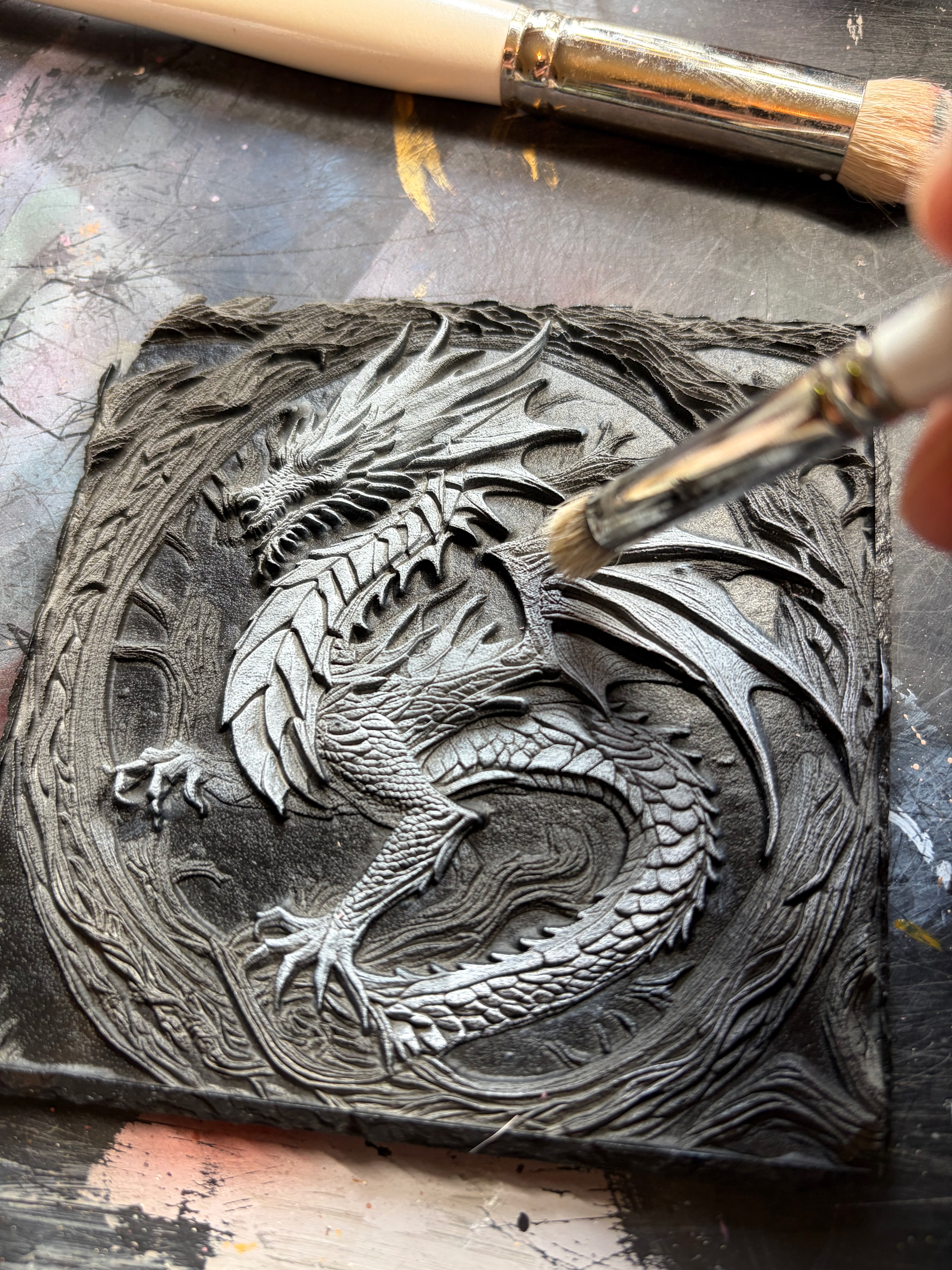 [Laser cut and engrave] Silver Dragon Wall Plaque with Intricate Forest Background