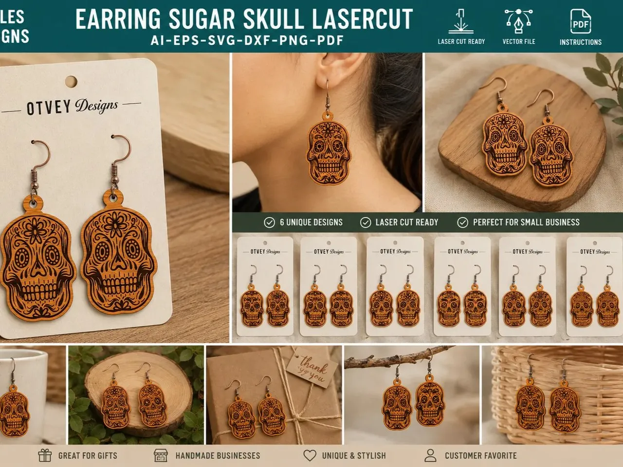 [Laser cut and engrave] Sugar Skull Dangle Earrings with Floral Details