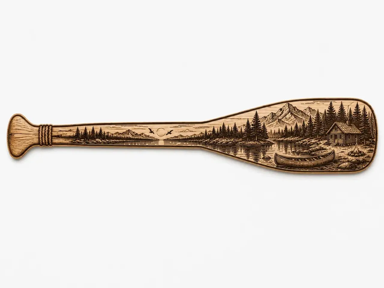 [Laser cut and engrave] Wooden Canoe Paddle Wall Art Featuring Mountain Lake Cabin Landscape