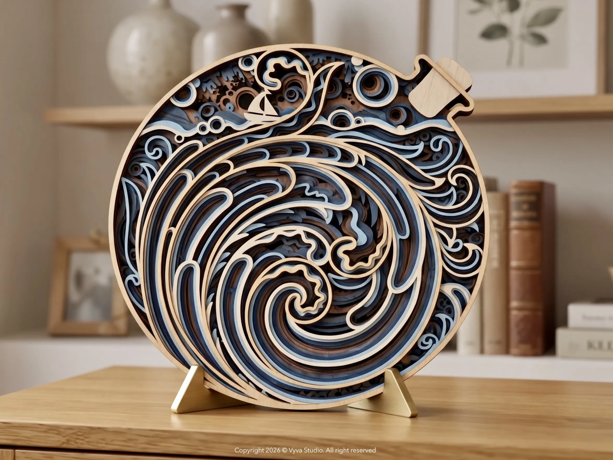 Layered Wooden Ocean Wave Art in a Bottle Shape