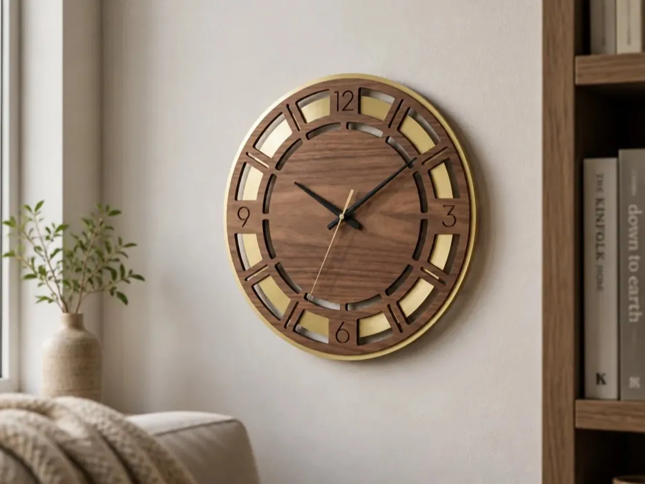 [Laser cut and engrave] Modern Round Wall Clock with Wood and Gold Metal Accents
