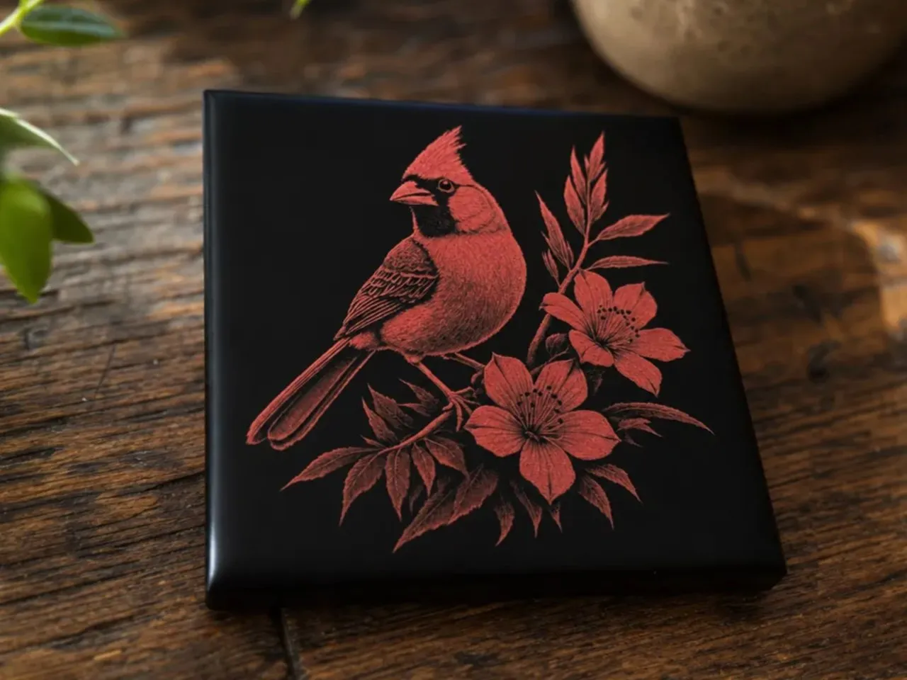 [Laser cut and engrave] Black Tile Featuring Red Cardinal Bird and Floral Illustration