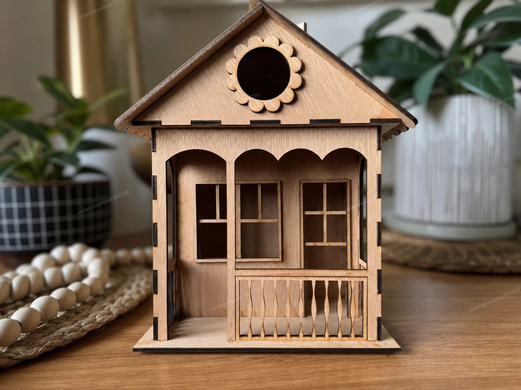 Small Wooden Bird House with Porch and Scalloped Window Detail