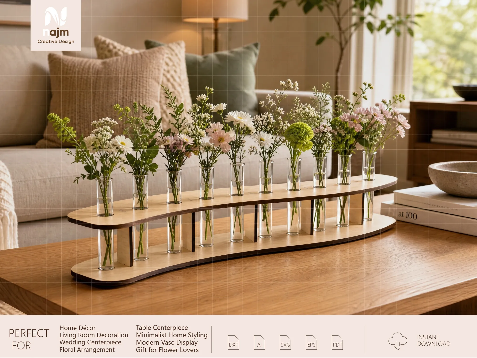 Curved Wooden Test Tube Flower Vase Centerpiece