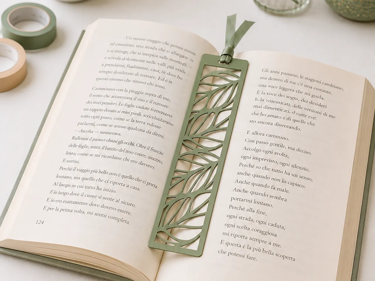 [Laser cut and engrave] Segnalibro in pelle verde con motivo a foglie intagliate