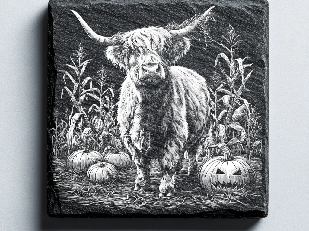 Highland Cow and Jack-o'-lantern Slate Coaster, Halloween Slate Coaster