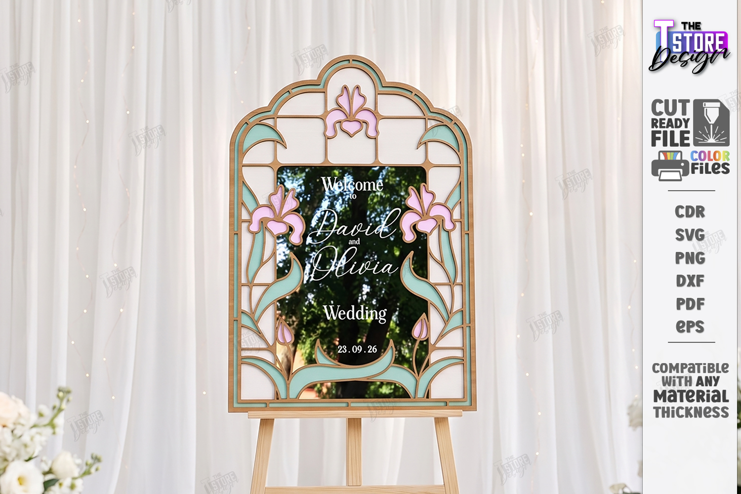 [Laser cut and engrave] Arched Floral Wedding Welcome Sign with Stained Glass Style Frame laser Cut Bundle. Floral Design. Weding Day