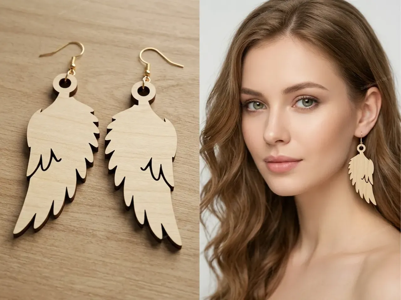 [Laser cut and engrave] Wooden Angel Wing Dangle Earrings