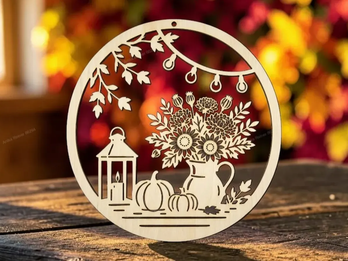 [Laser cut and engrave] Runder Holzanhänger Türkranz mit Herbstmotiv Kürbis Laterne und Blumenstrauß