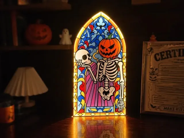 Illuminated Stained Glass Style Skeleton and Pumpkin Halloween Table Lamp