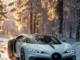 [Laser cut and engrave] Aufsteller mit Bugatti Sportwagen im verschneiten Winterwald