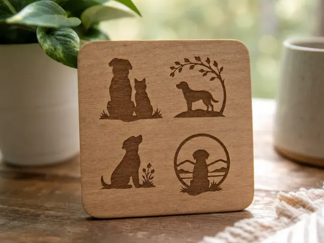 Square wooden coaster featuring dog and cat silhouette illustrations