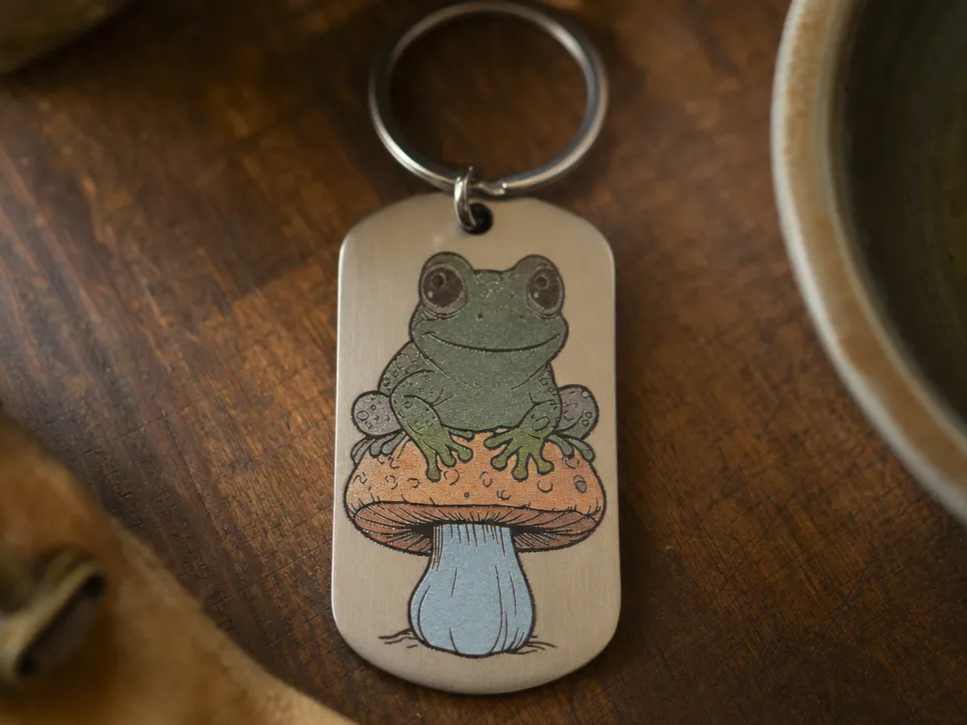Frog on Mushroom Illustration Keychain