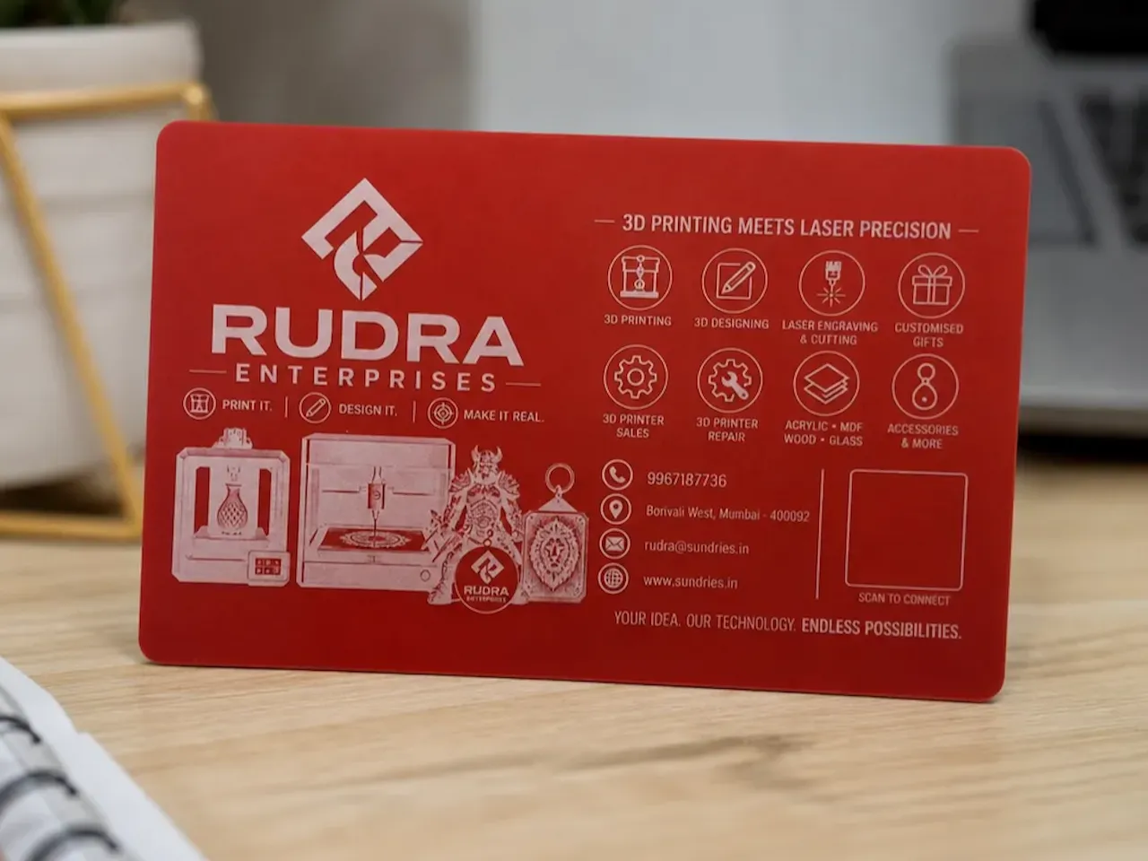 [Laser cut and engrave,Screen printing] Rudra Enterprises professional business card with contact information