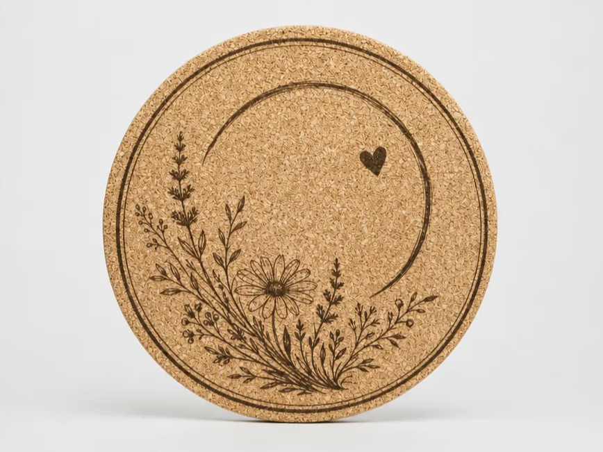 Round Cork Coaster with Floral Bouquet and Heart Motif