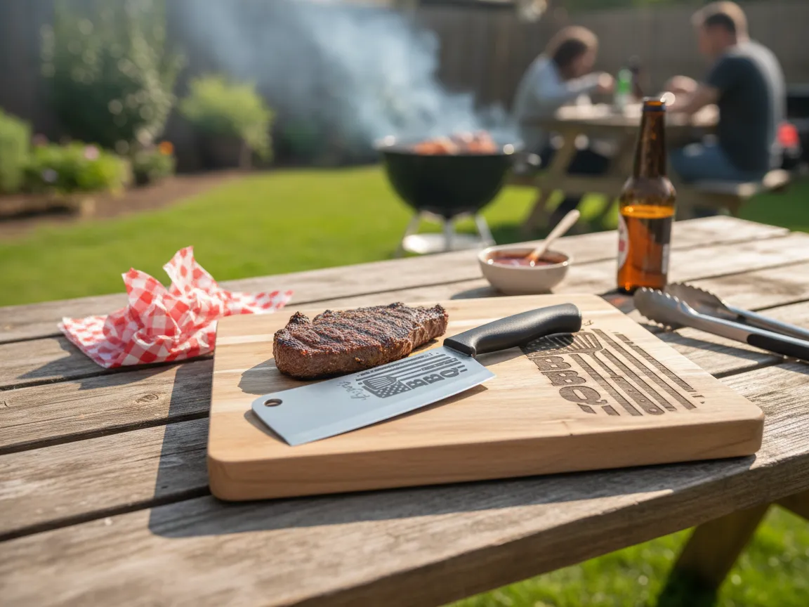 Wooden BBQ Cutting Board with Engraved Grill Utensil Motif