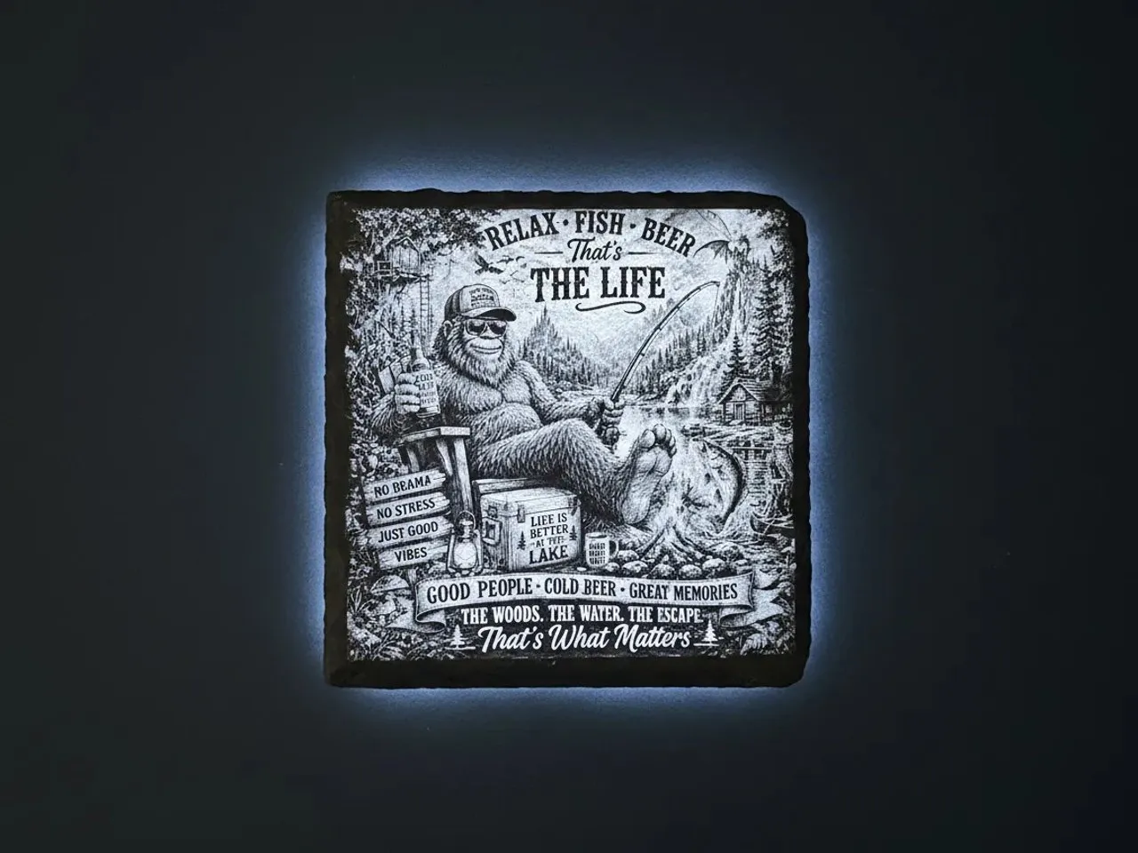 [Laser cut and engrave] Sasquatch Fishing Wall Plaque with Relax Fish Beer That's The Life Quote