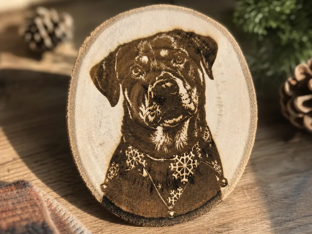 Rottweiler dog portrait on rustic wood slice ornament
