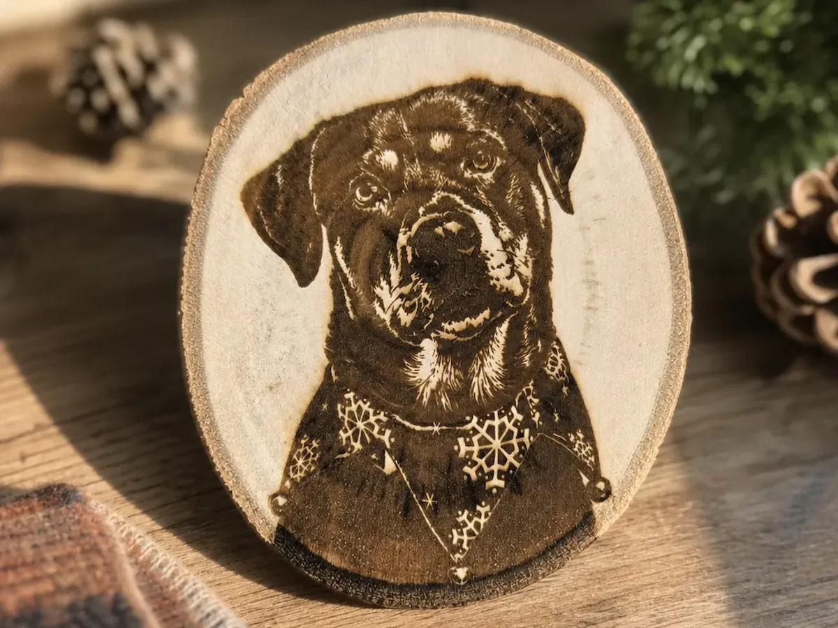 [Laser cut and engrave] Rottweiler dog portrait on rustic wood slice ornament