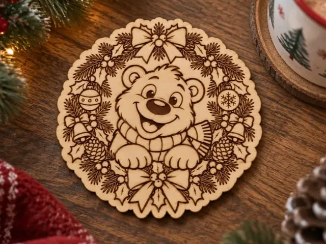 Christmas Coaster Featuring a Cute Bear in a Festive Wreath