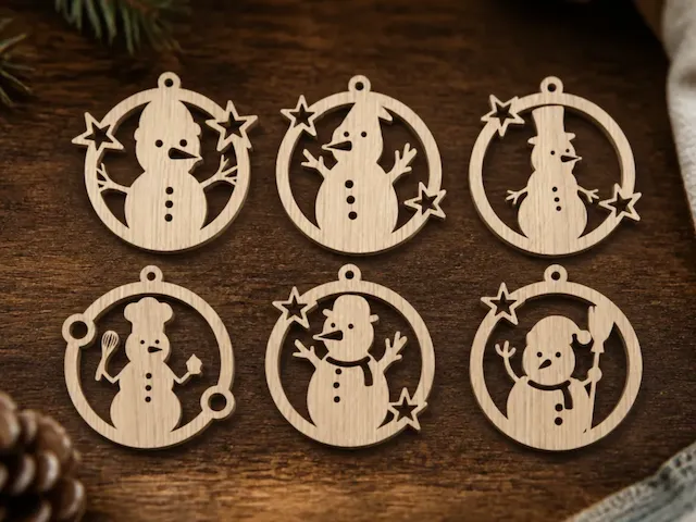 Set of Six Wooden Snowman Christmas Ornaments with Star Accents