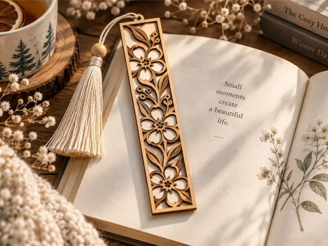 Floral Pattern Wooden Bookmark with Tassel