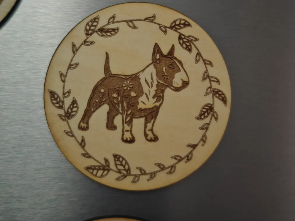 Bull Terrier Dog Round Magnet with Floral Wreath Border