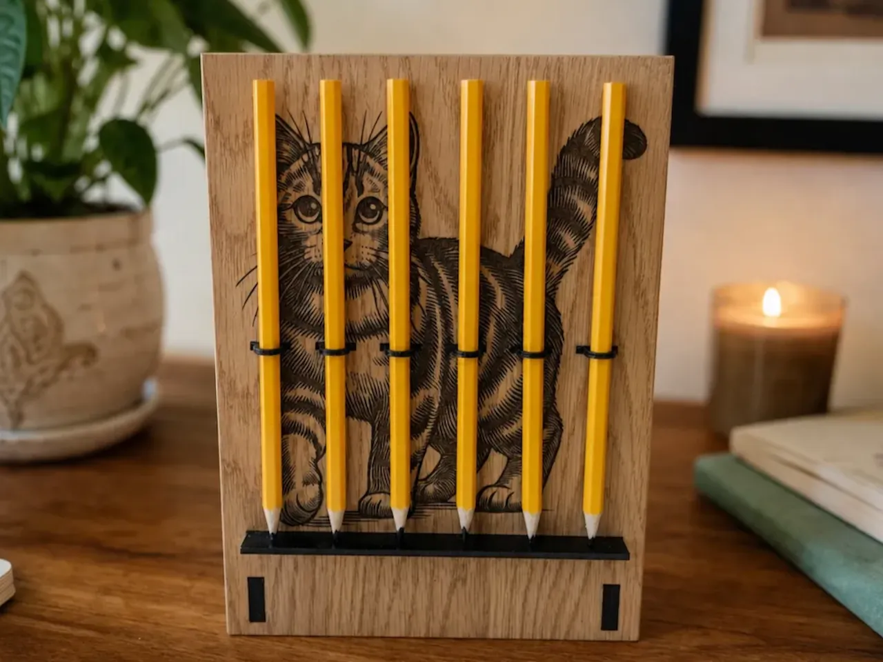 [Laser cut and engrave] Support de bureau en bois avec illustration de chat et porte-crayons