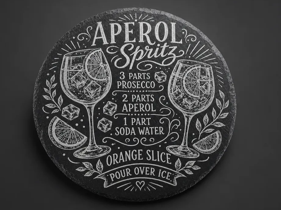 Sous-verre en ardoise avec recette de cocktail Aperol Spritz