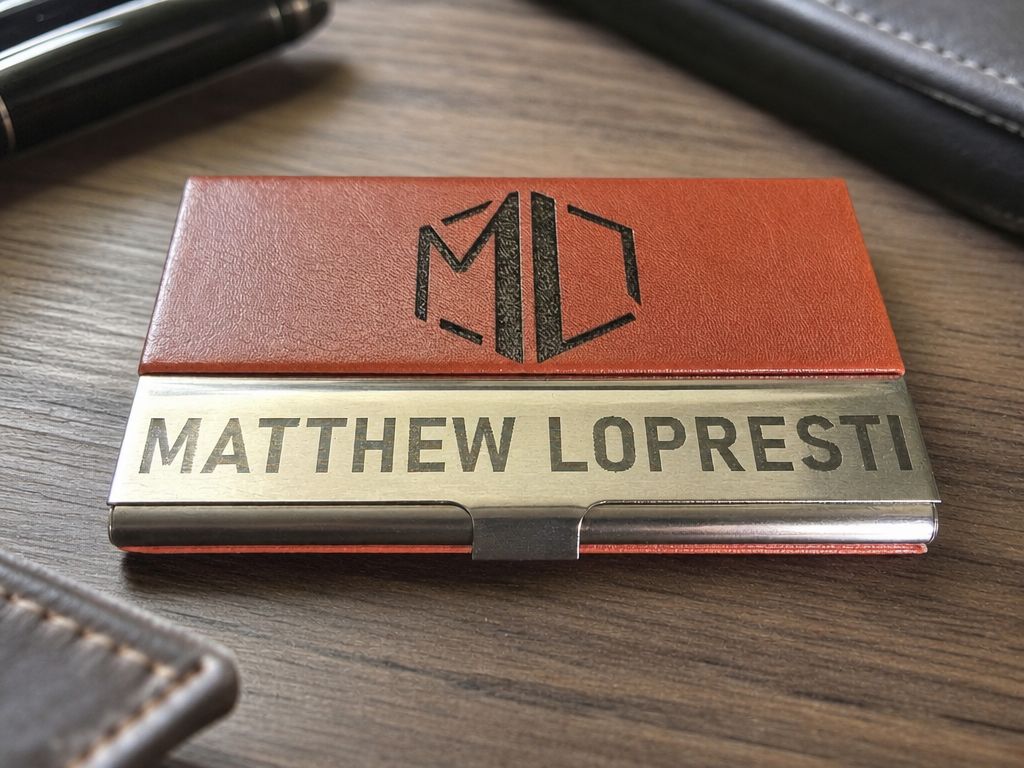 Personalized Leather and Metal Business Card Holder with Monogram