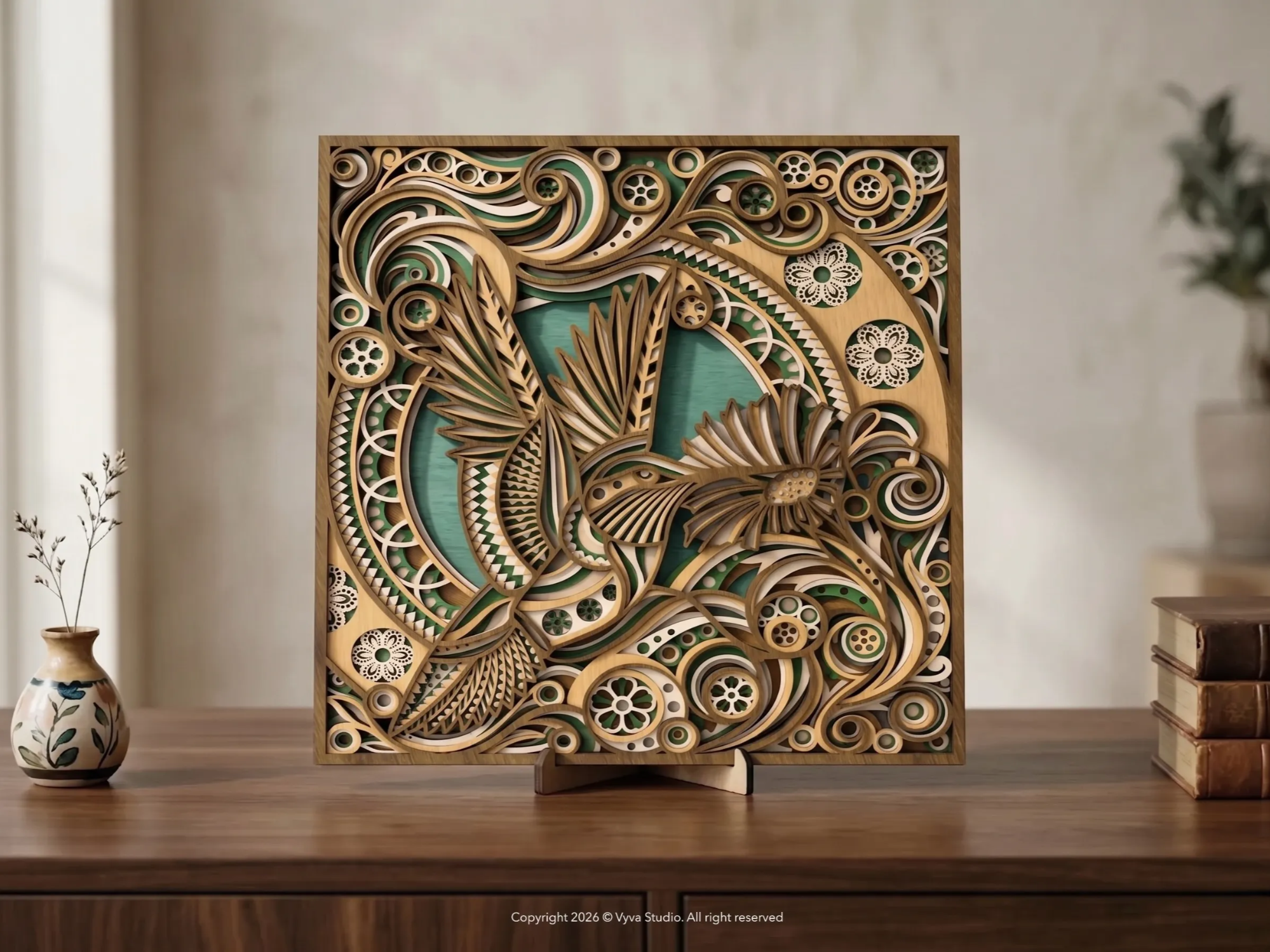 3D Layered Hummingbird Wall Art, Laser Cut SVG Mandala Floral File