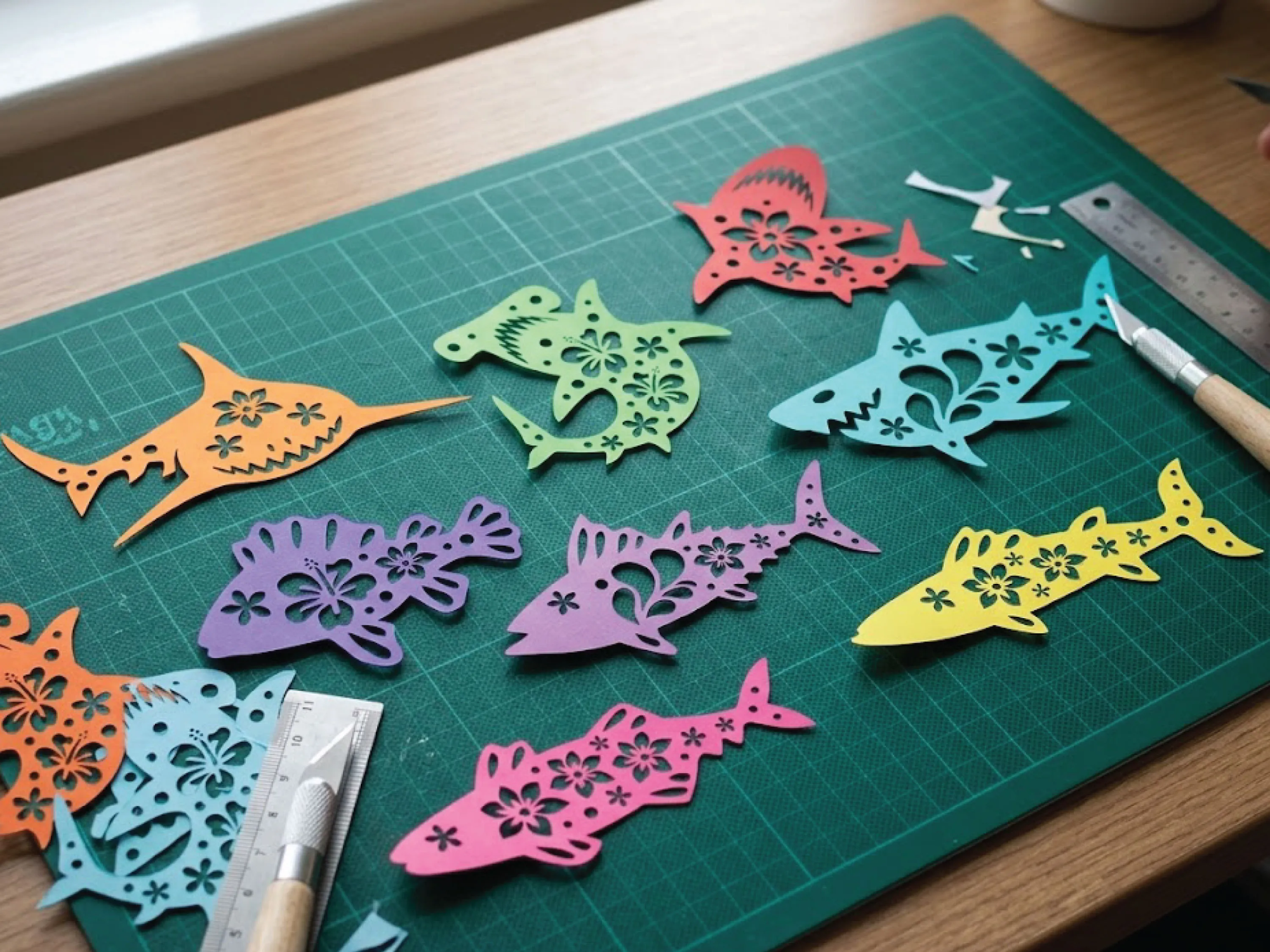 Colorful Paper Cutout Sharks and Fish with Floral Patterns