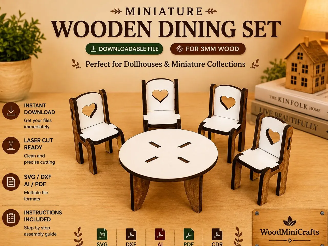 [Laser cut and engrave] Wooden Dollhouse Dining Table & Chair Set – 4 Chairs Miniature Furniture Set