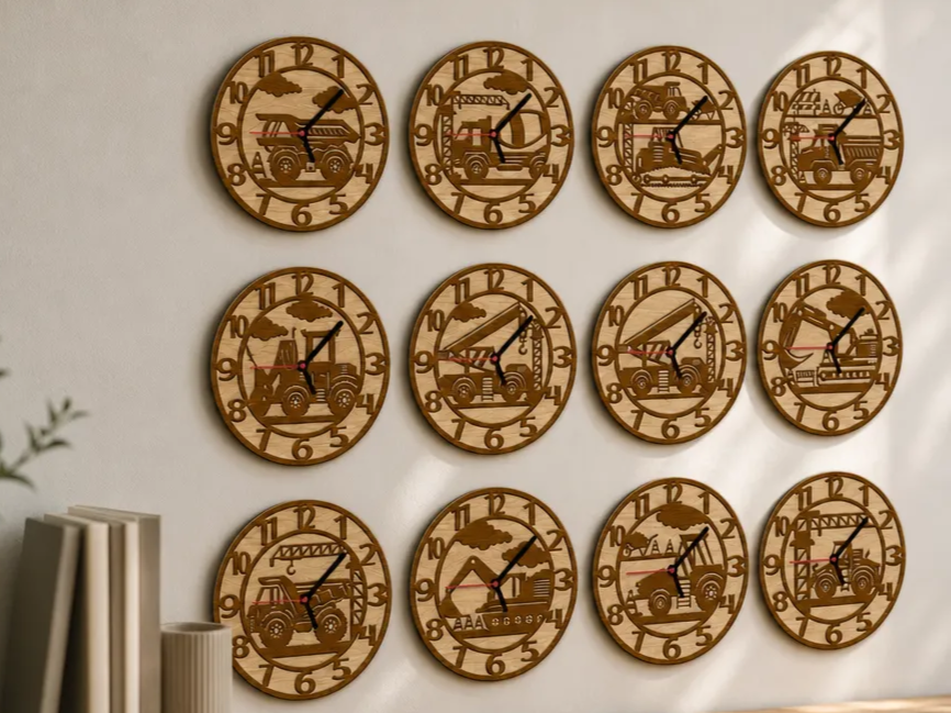Wooden Construction Wall Clock Lasercut 12 Designs