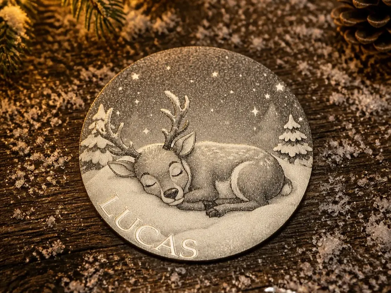 [Laser cut and engrave] Boule plate de Noël : renne endormi