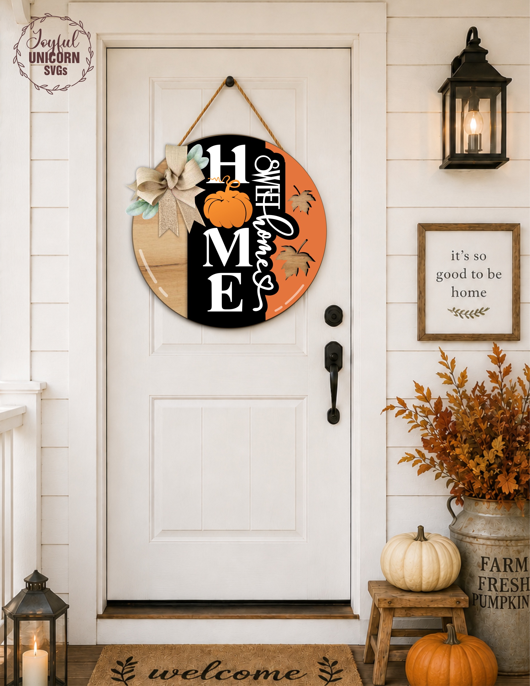 [Laser cut and engrave] Home Sweet Home Pumpkin Sign SVG, Fall Round Door Hanger, Autumn Wooden Door sign, Laser Cut File for Glowforge, CNC, Cricut
