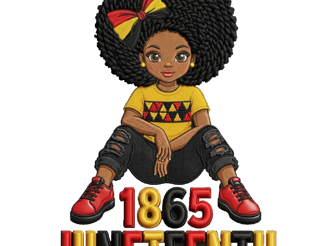 Juneteenth 1865 Illustration with Young Girl in Afro Hair and Pan-African Colors
