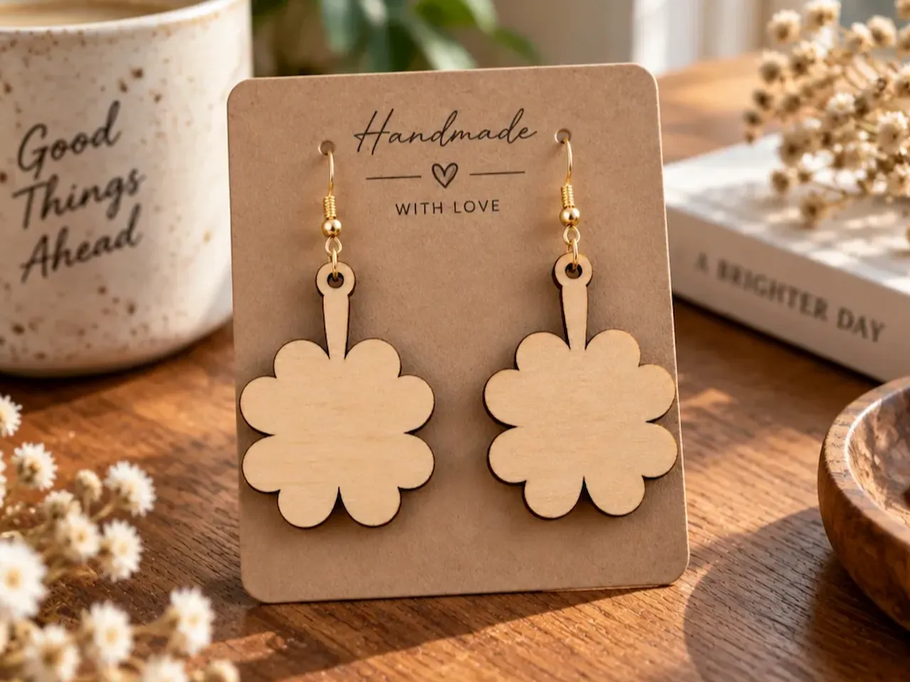 [Laser cut and engrave] Wooden Four Leaf Clover Dangle Earrings