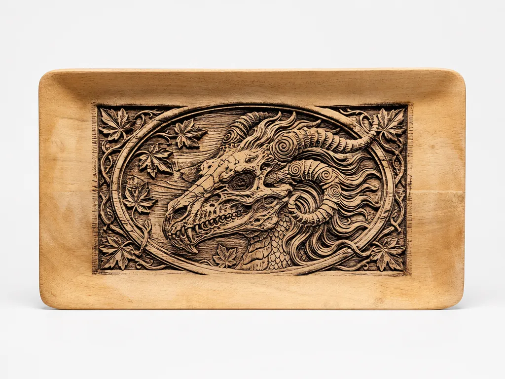 Rectangular Wooden Serving Tray Featuring Intricate Dragon Skull and Maple Leaf Relief