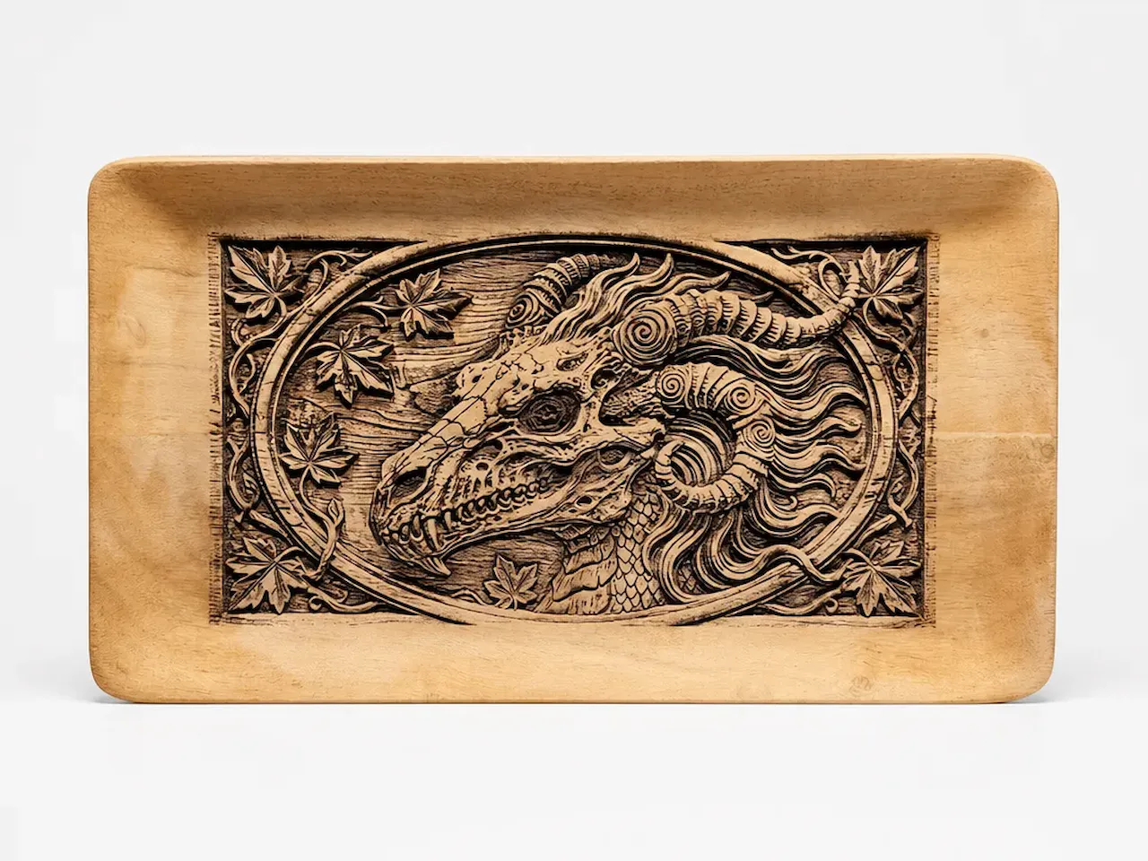 [Laser cut and engrave] Rectangular Wooden Serving Tray Featuring Intricate Dragon Skull and Maple Leaf Relief