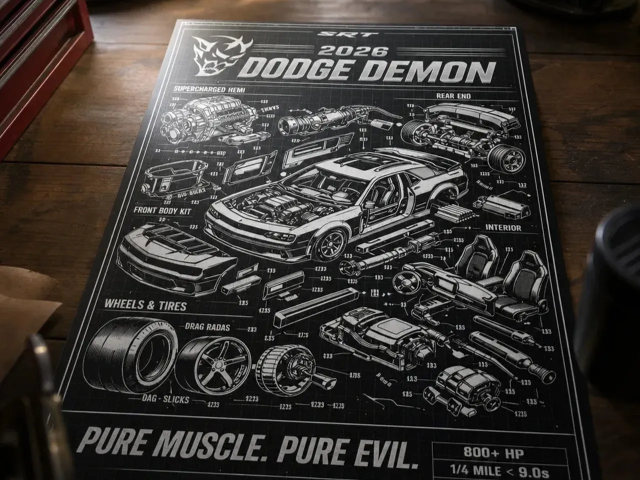 [Laser cut and engrave] 2026 Dodge Demon SRT Technical Blueprint Poster