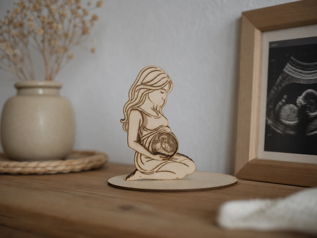 Holzfigur einer schwangeren Frau mit Ultraschallbild auf dem Bauch