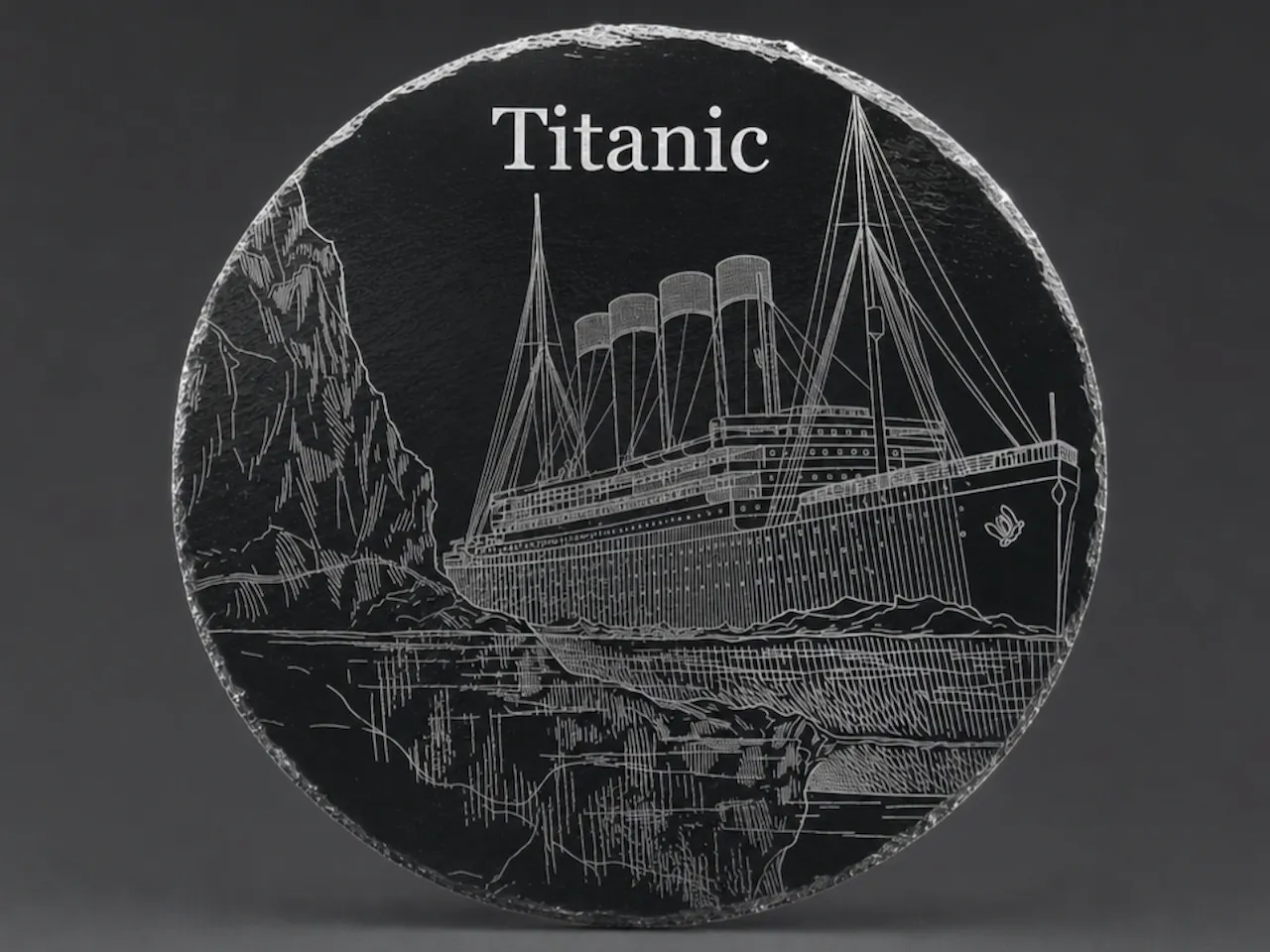 [Laser cut and engrave] Runder Schieferuntersetzer mit Titanic Motiv