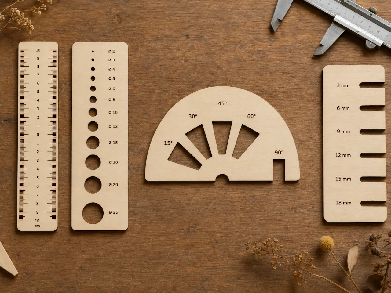 [Laser cut and engrave] Ensemble d'outils de mesure et gabarits de précision pour le travail du bois