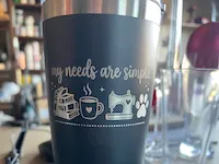 [Laser cut and engrave] My Needs Are Simple Tumbler with Book, Coffee, Sewing Machine, and Paw Print Icons