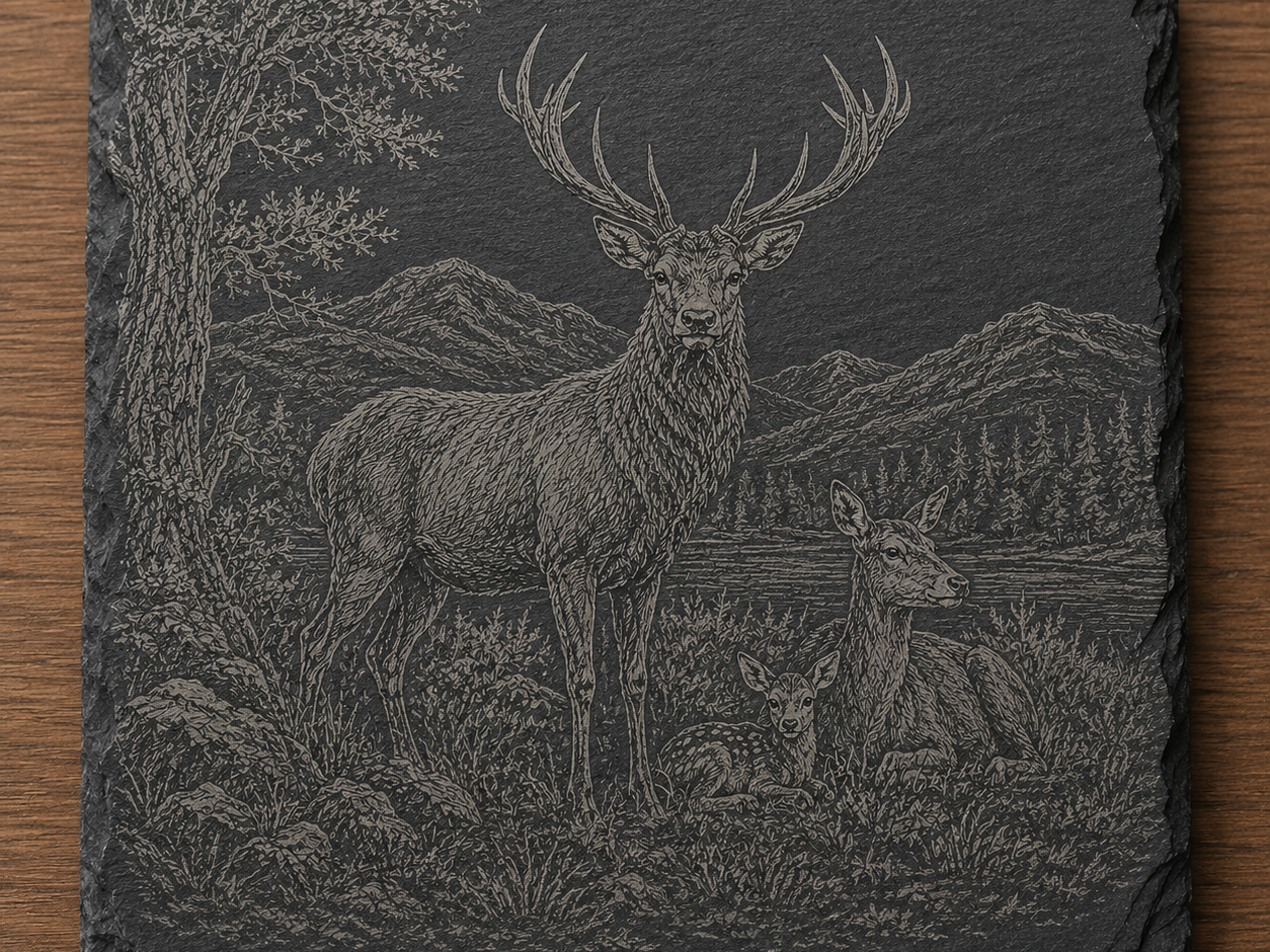 Slate Coaster Featuring a Majestic Stag and Deer Family in a Mountain Landscape