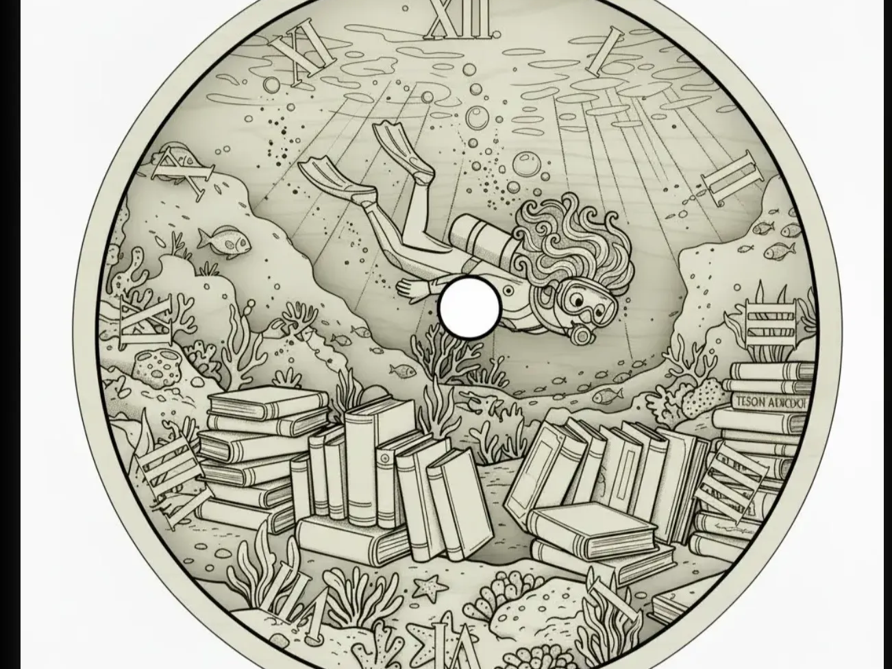 Orologio da parete rotondo con illustrazione subacquea di sub e libri